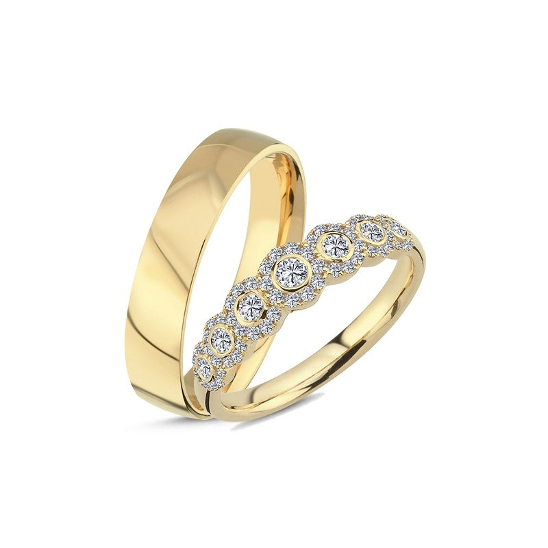 Eksklusive Nuran vielsesringe i 14 kt guld med 0,57 ct diamanter – klassisk design med poleret herre- og damering.